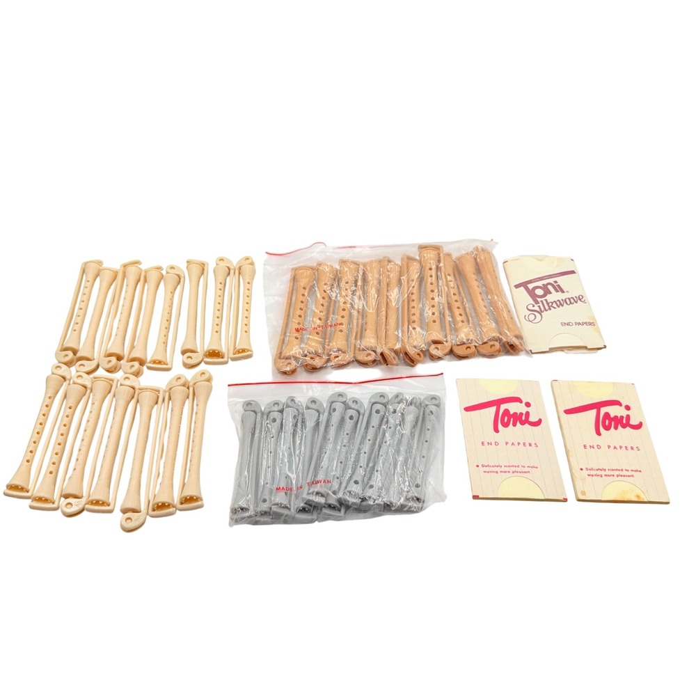 Vintage Toni Silkwave Hair Perm Rods End Papers Set Tan Gray Plastic MCM Beauty